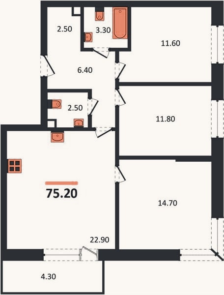 Планировка: 3-к, 75,2 м²