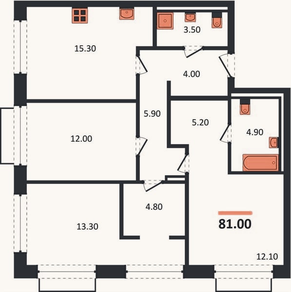 Планировка: 3-к, 81 м²