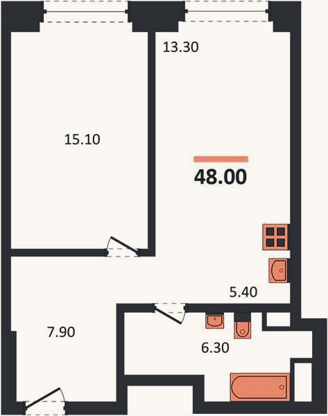 Планировка: 1-к, 48 м²