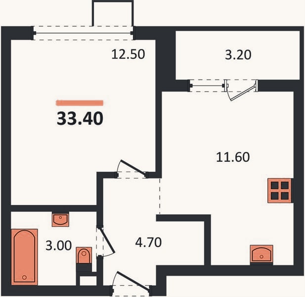 Планировка: 1-к, 33,4 м²