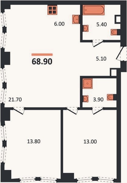 Планировка: 2-к, 68,9 м²