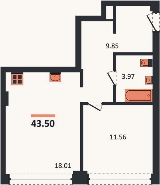 Планировка: 1-к, 43,5 м²