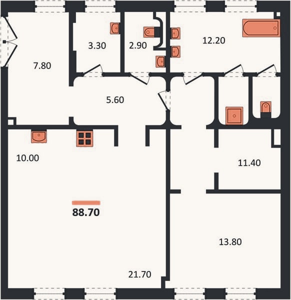 Планировка: 1-к, 88,7 м²