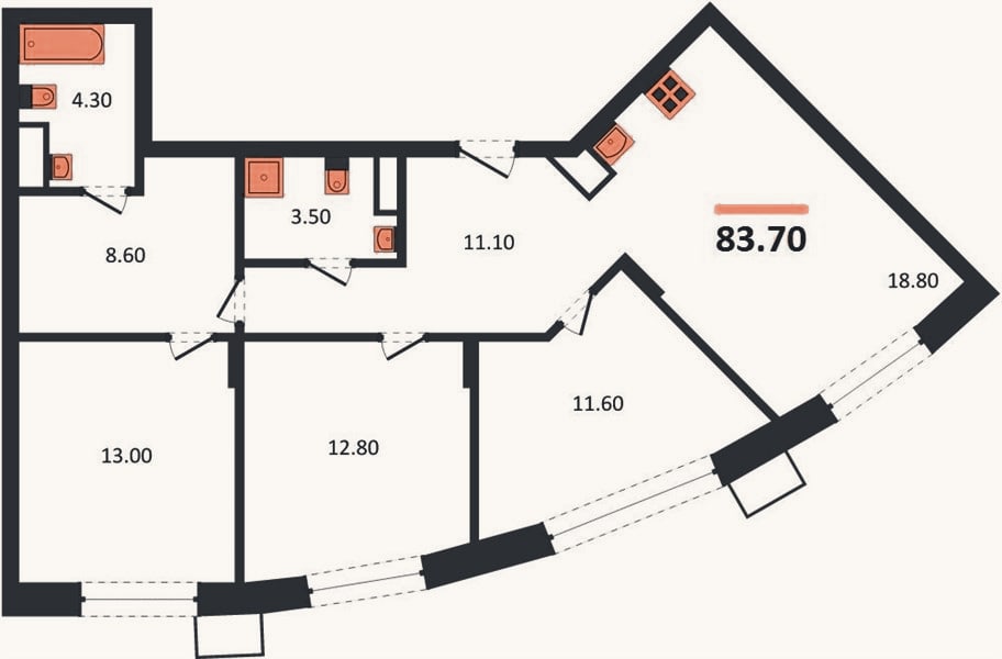 Планировка: 3-к, 83,7 м²