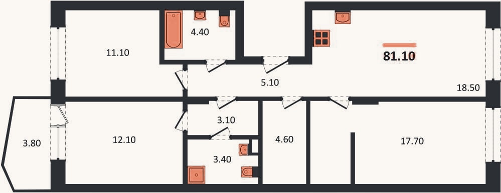 Планировка: 3-к, 81,1 м²