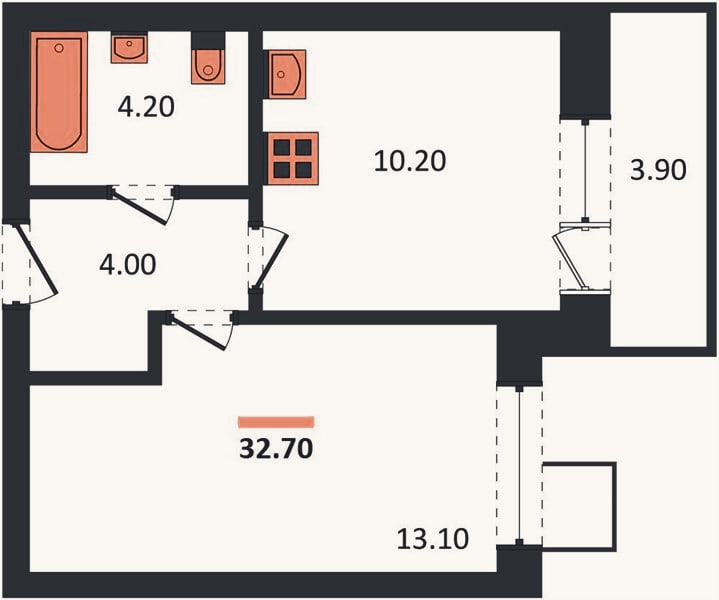 Планировка: 1-к, 32,7 м²