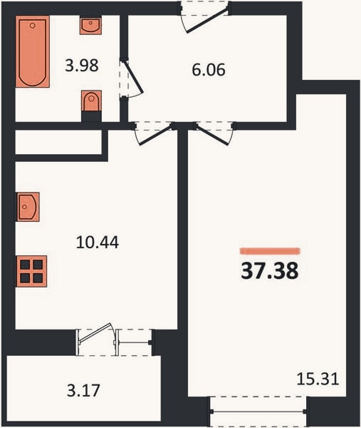 Планировка: 1-к, 37,4 м²