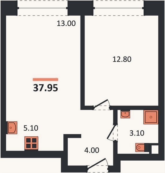 Планировка: 1-к, 38 м²