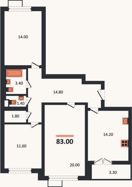 Планировка: 3-к, 83 м²