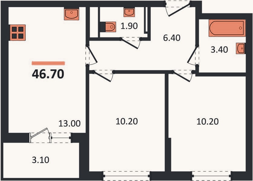Планировка: 2-к, 46,7 м²