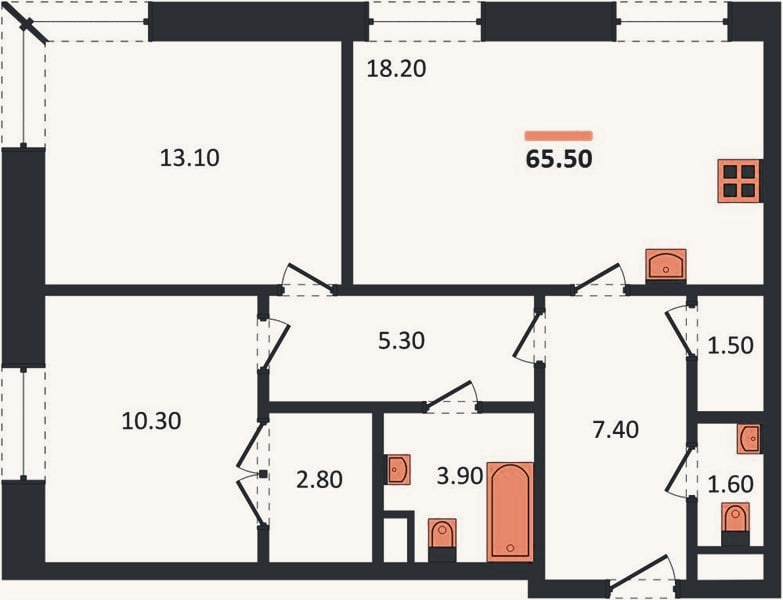 Планировка: 2-к, 65,5 м²