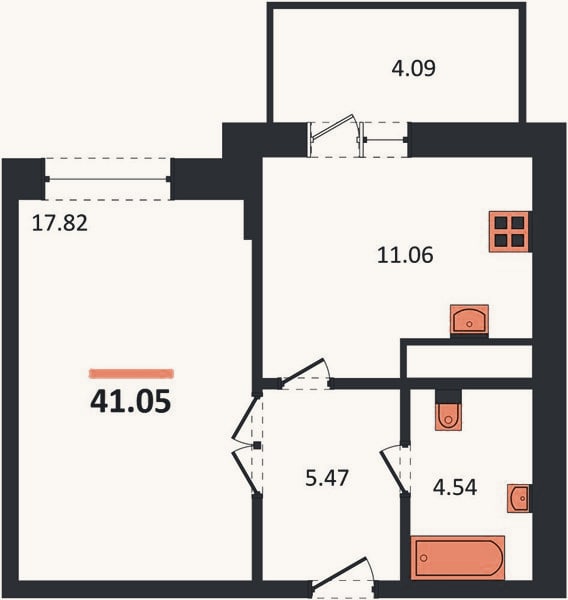 Планировка: 1-к, 41,1 м²
