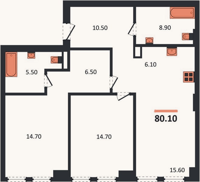 Планировка: 2-к, 80,1 м²