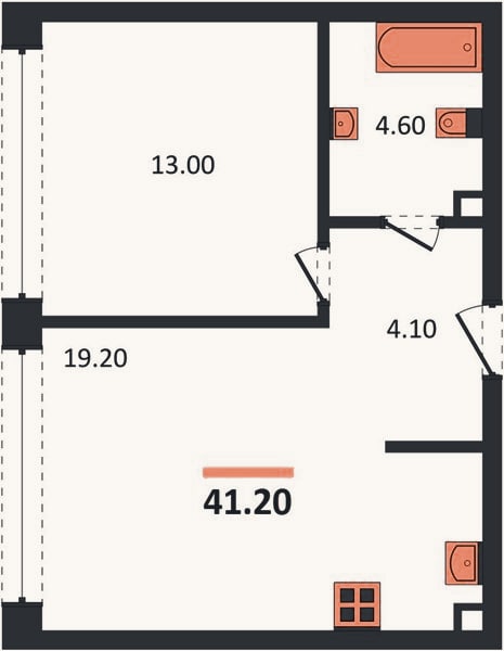 Планировка: 1-к, 41,2 м²