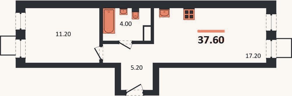 Планировка: 1-к, 37,6 м²