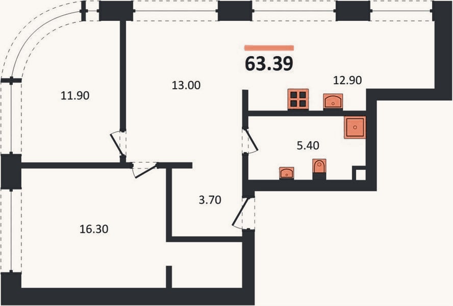 Планировка: 2-к, 63,4 м²