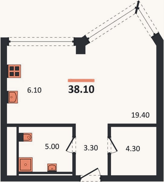 Планировка: Студия, 38,1 м²