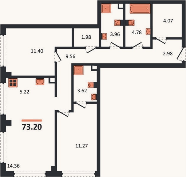 Планировка: 2-к, 73,2 м²