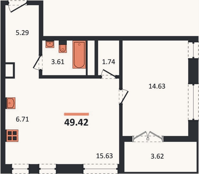 Планировка: 1-к, 49,4 м²