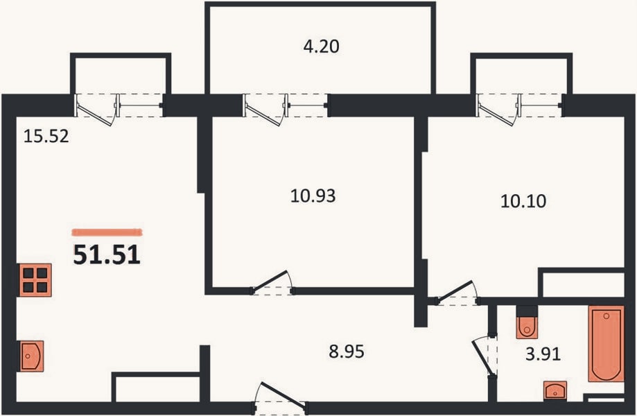 Планировка: 2-к, 51,5 м²