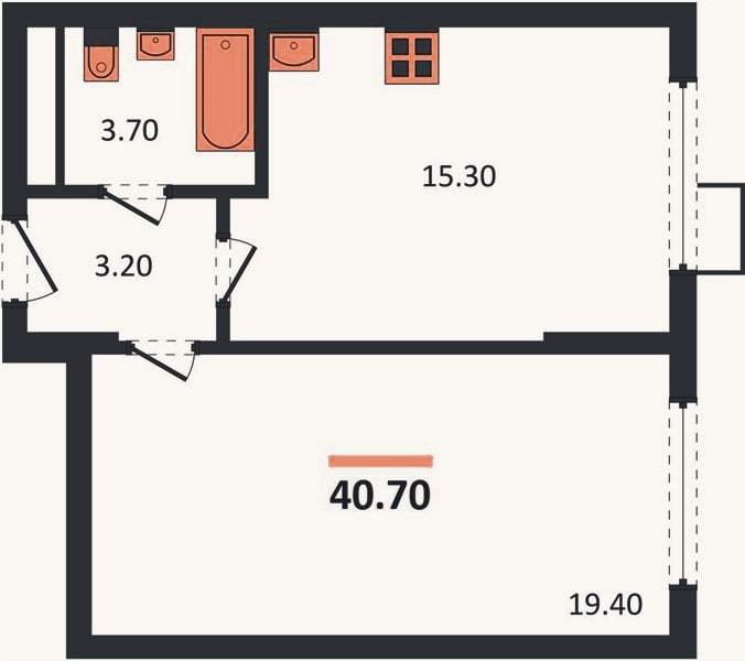 Планировка: 1-к, 40,7 м²