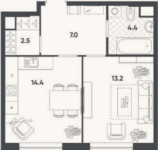 Планировка: 1-к, 41,4 м²