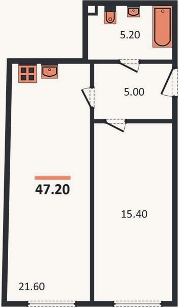 Планировка: 1-к, 47 м²
