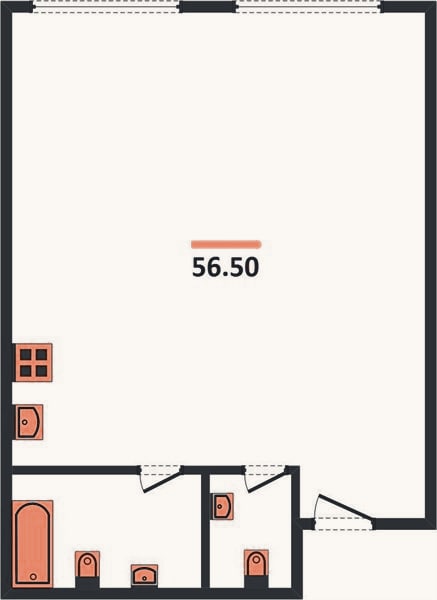 Планировка: 1-к, 56,5 м²