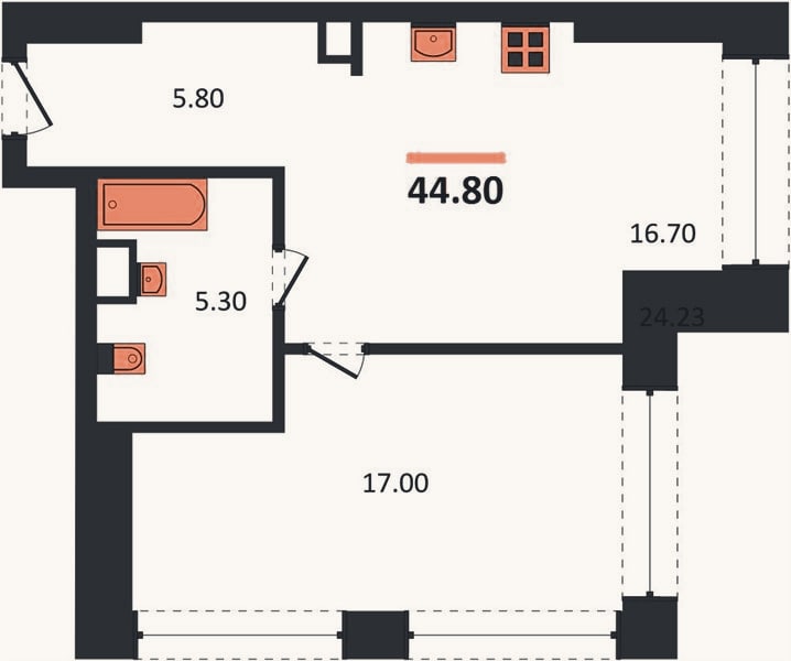 Планировка: 1-к, 44,8 м²