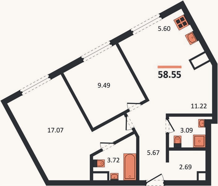 Планировка: 2-к, 58,6 м²