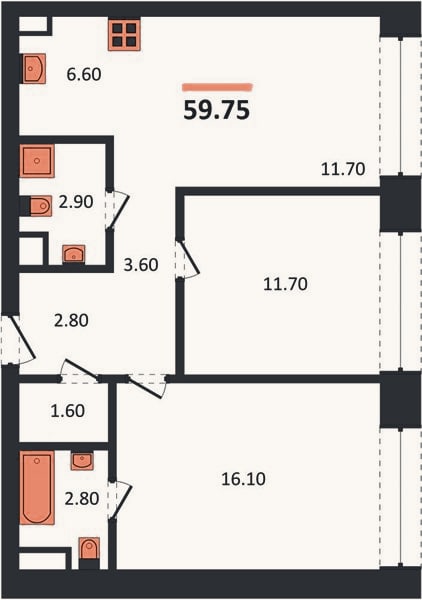 Планировка: 2-к, 59,8 м²