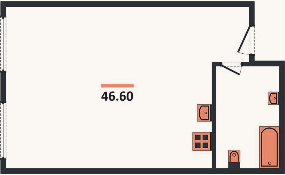 Планировка: 1-к, 46,6 м²