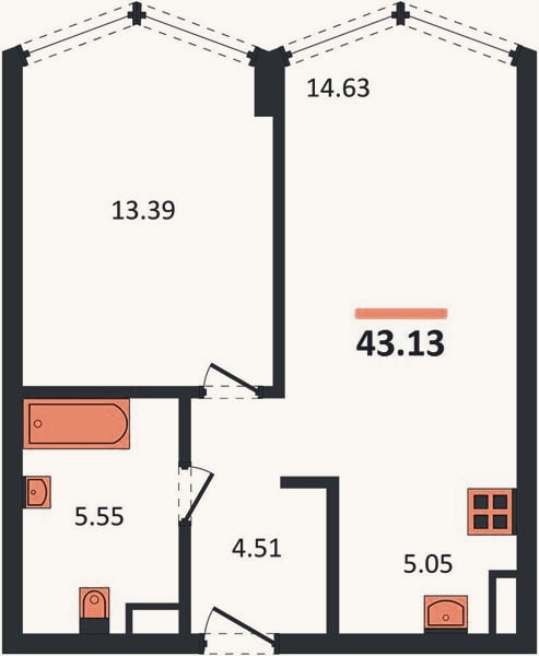 Планировка: 1-к, 43,1 м²