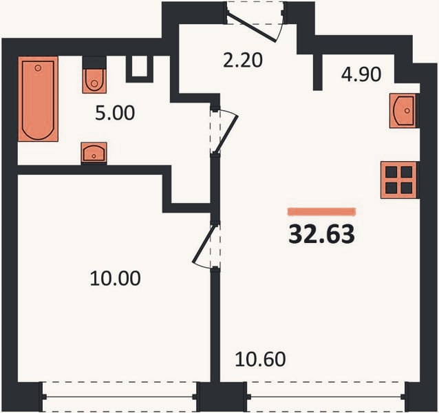 Планировка: 1-к, 32,6 м²
