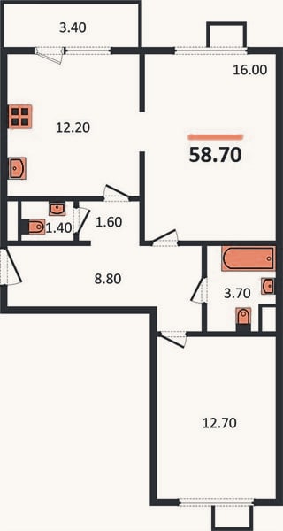 Планировка: 2-к, 58,7 м²