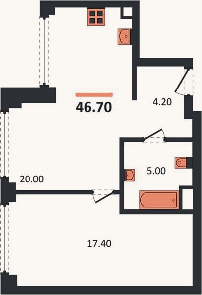 Планировка: 1-к, 46,7 м²