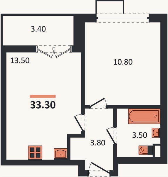 Планировка: 1-к, 33,3 м²