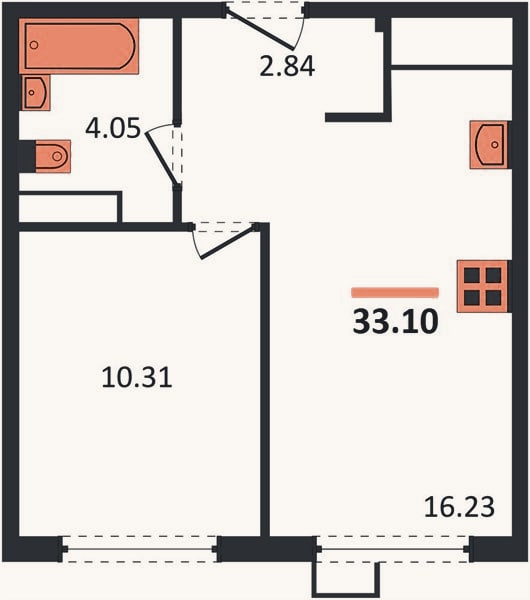 Планировка: 1-к, 33,1 м²