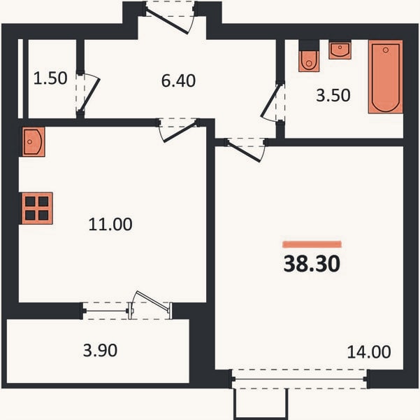 Планировка: 1-к, 38,3 м²