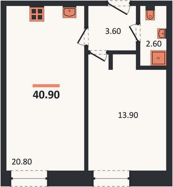 Планировка: 1-к, 42,4 м²