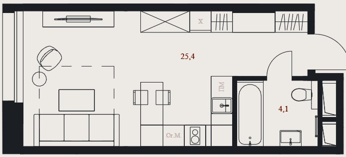 Планировка: Студия, 29,5 м²
