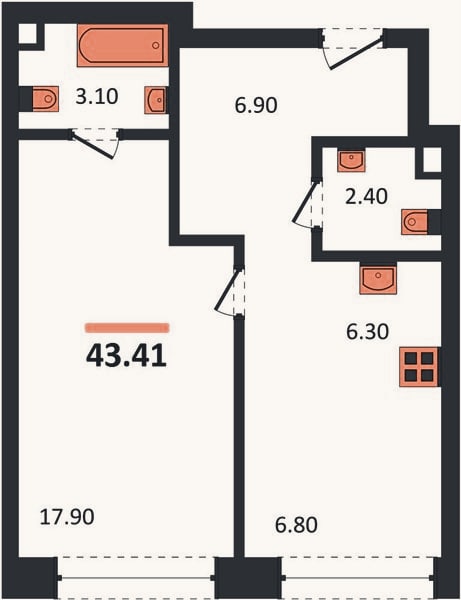 Планировка: 1-к, 43,4 м²