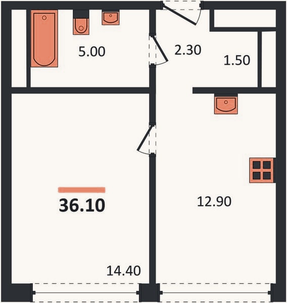 Планировка: 1-к, 37,2 м²