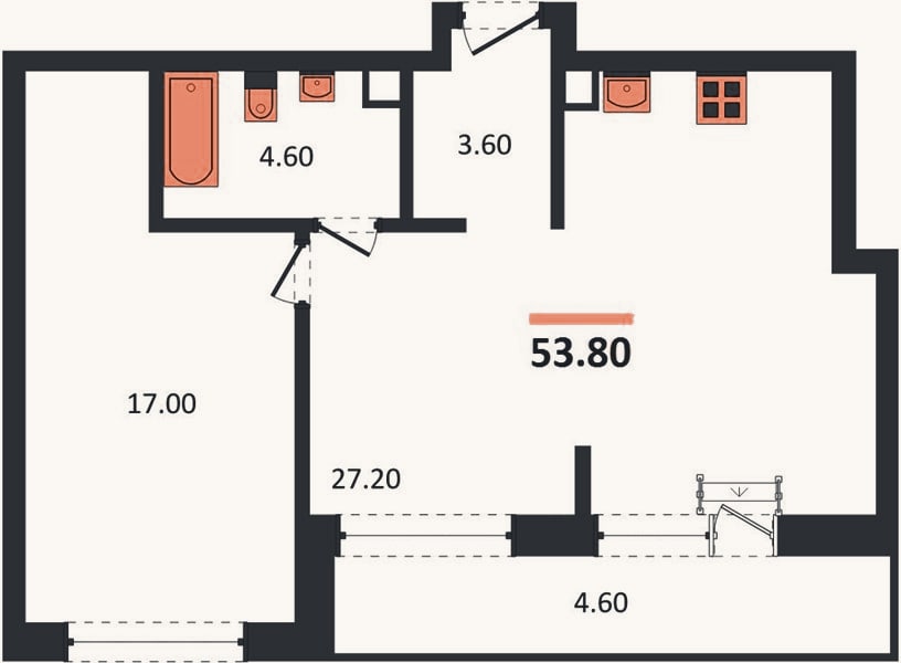 Планировка: 1-к, 53,8 м²