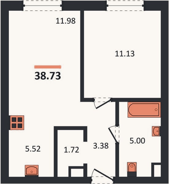 Планировка: 1-к, 38,7 м²