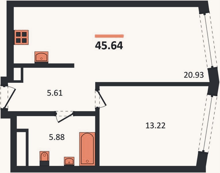 Планировка: 1-к, 45,6 м²