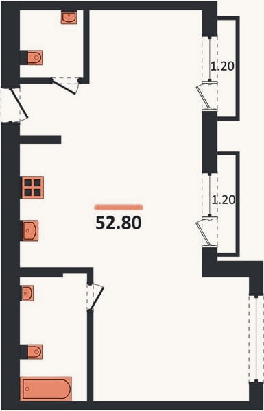 Планировка: 1-к, 52,8 м²
