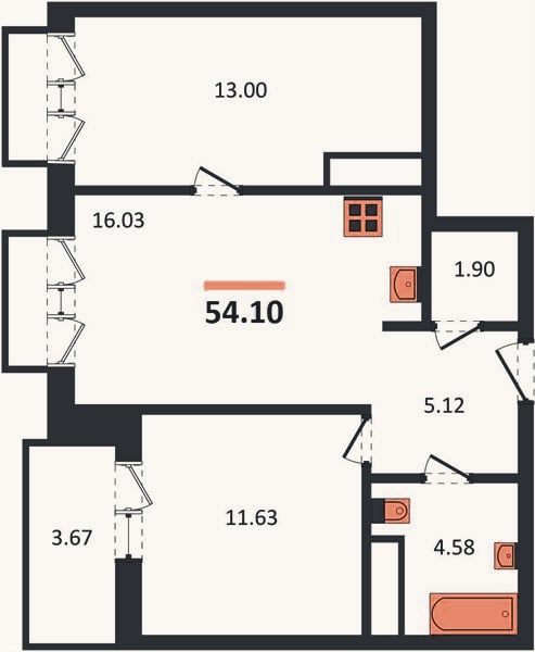 Планировка: 2-к, 54,1 м²
