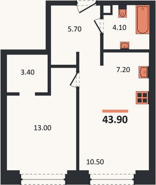 Планировка: 1-к, 43,9 м²