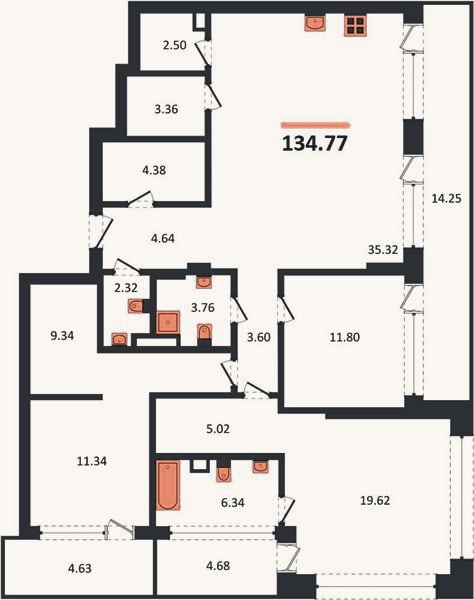Планировка: 3-к, 134,8 м²